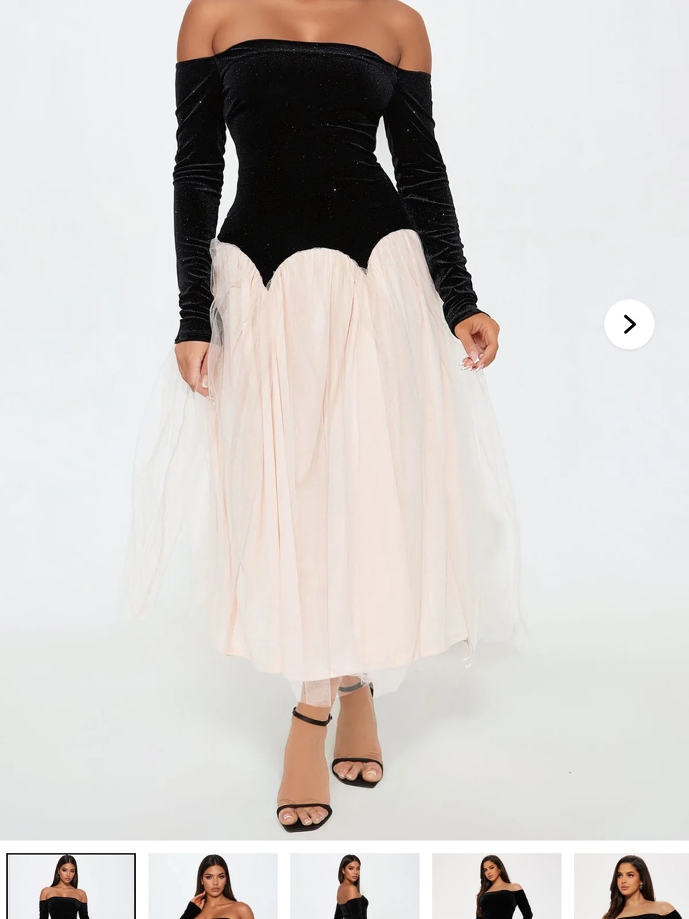 Fashion Nova Black Velvet Off-Shoulder Bodice with Blush Tulle Maxi Skirt